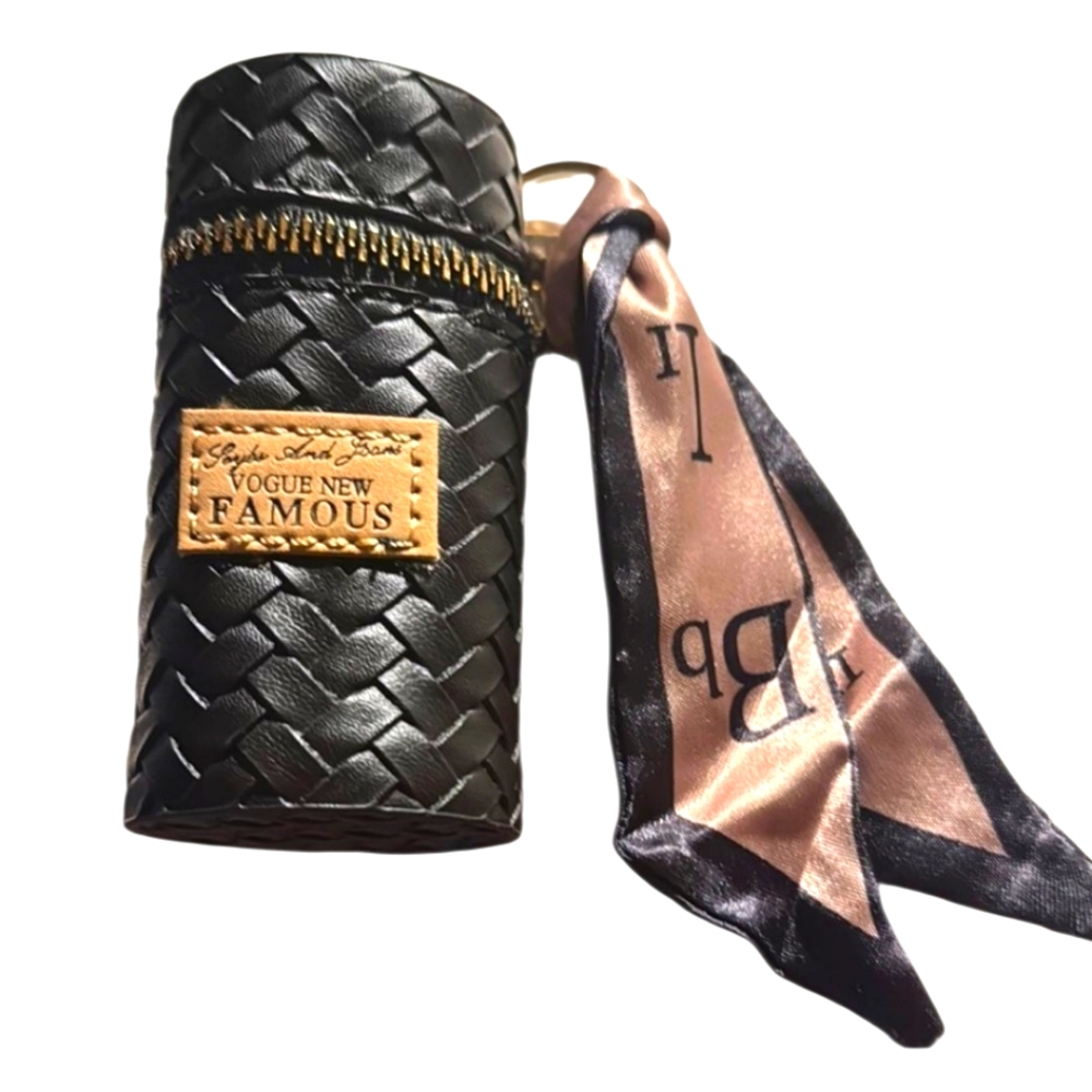 Black Woven Cylinder Storage Pouch W/Twilly Bag Charm Or Key Chain